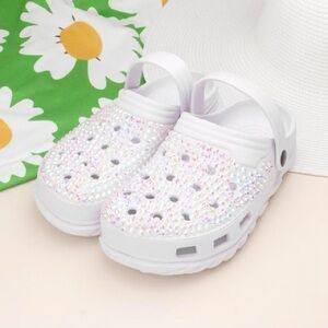 White Bling Rhinestone Crystal Slip On Croclike Slides Rubber Clogs Shoes